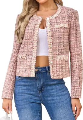 Xaspee Women's Tweed Blazers Cropped Long Sleeve Crewneck Open Front Lace Trim Lightweight Plaid Work Blazer Jackets