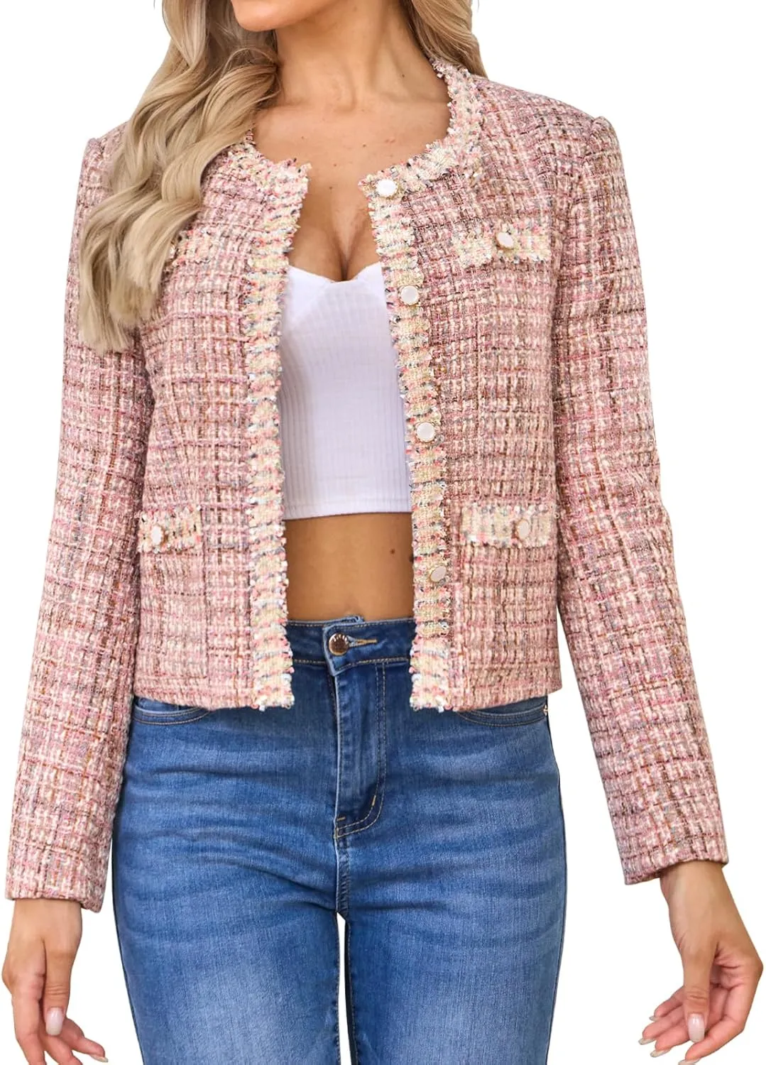 Xaspee Women's Tweed Blazers Cropped Long Sleeve Crewneck Open Front Lace Trim Lightweight Plaid Work Blazer Jackets