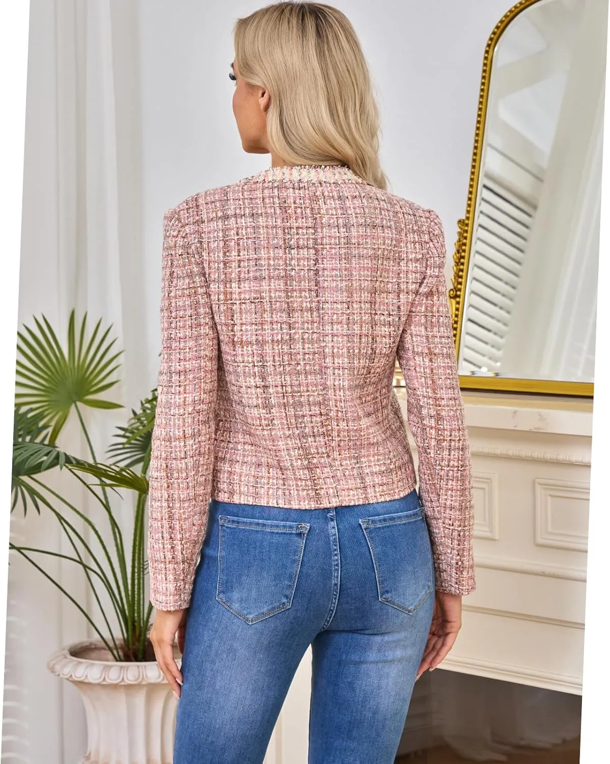 Xaspee Women's Tweed Blazers Cropped Long Sleeve Crewneck Open Front Lace Trim Lightweight Plaid Work Blazer Jackets
