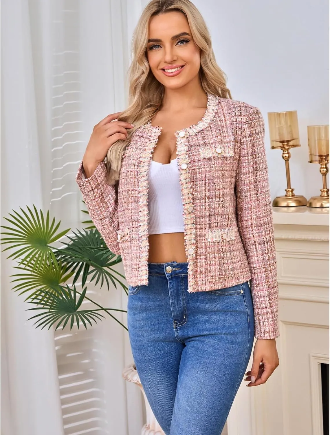 Xaspee Women's Tweed Blazers Cropped Long Sleeve Crewneck Open Front Lace Trim Lightweight Plaid Work Blazer Jackets