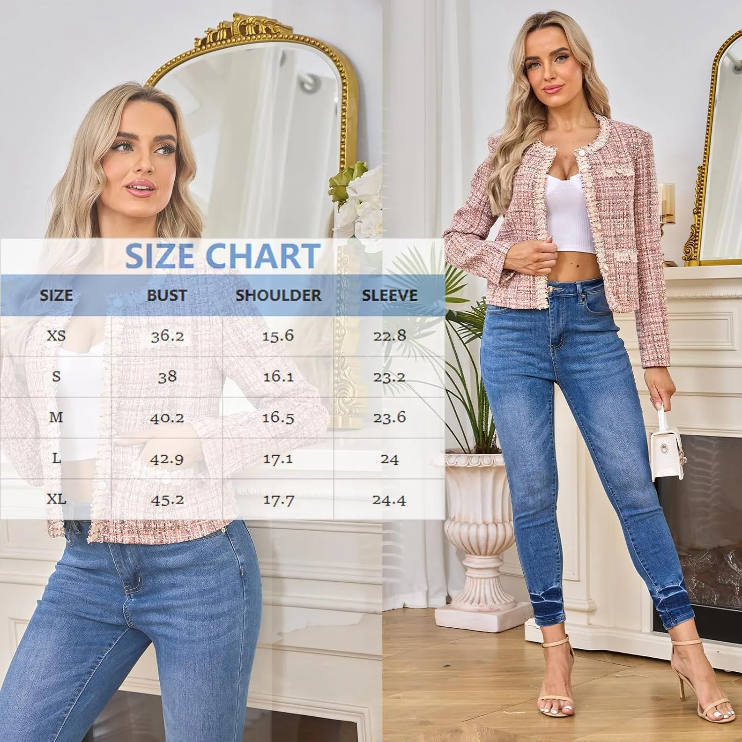 Xaspee Women's Tweed Blazers Cropped Long Sleeve Crewneck Open Front Lace Trim Lightweight Plaid Work Blazer Jackets