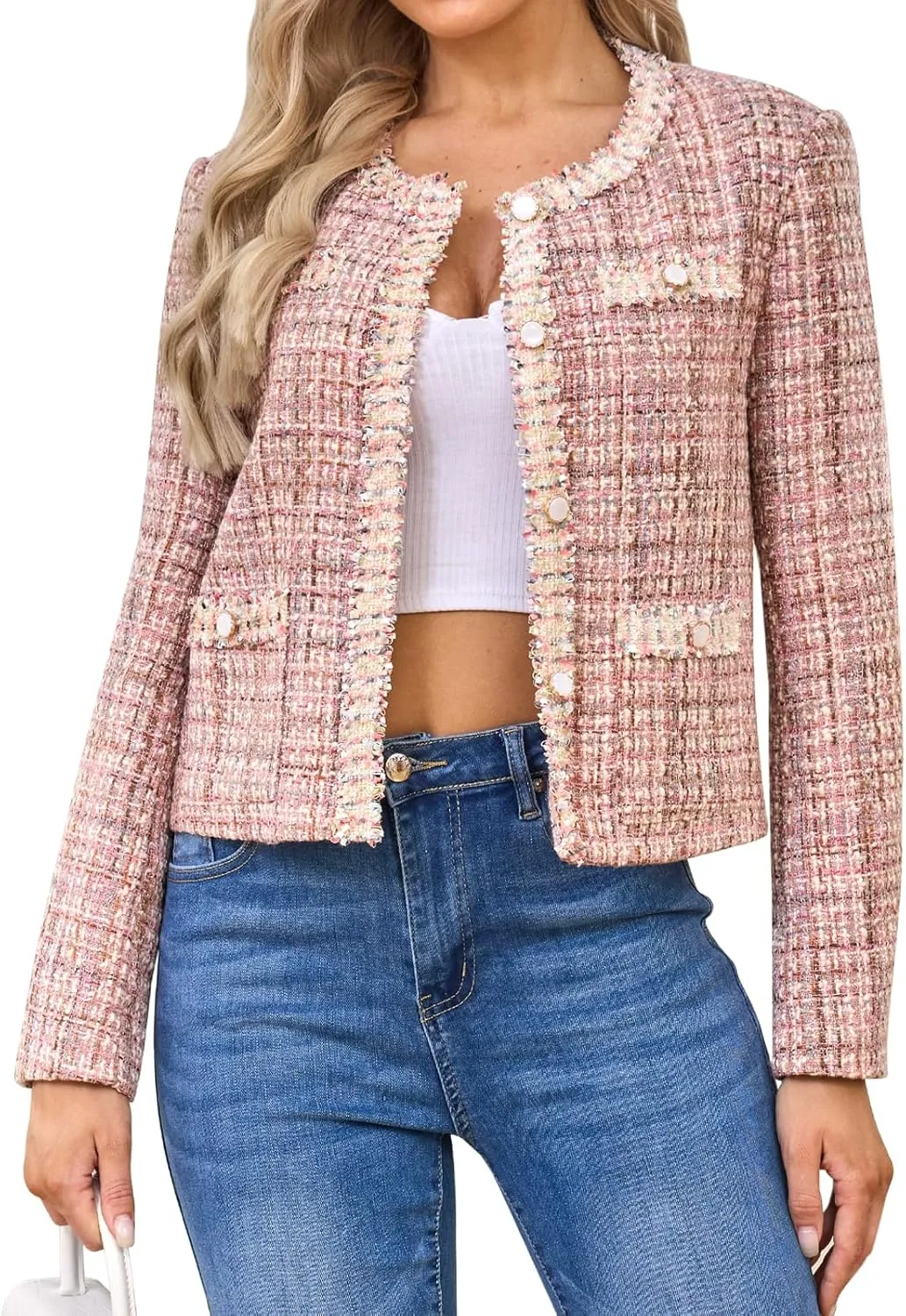 Xaspee Women's Tweed Blazers Cropped Long Sleeve Crewneck Open Front Lace Trim Lightweight Plaid Work Blazer Jackets
