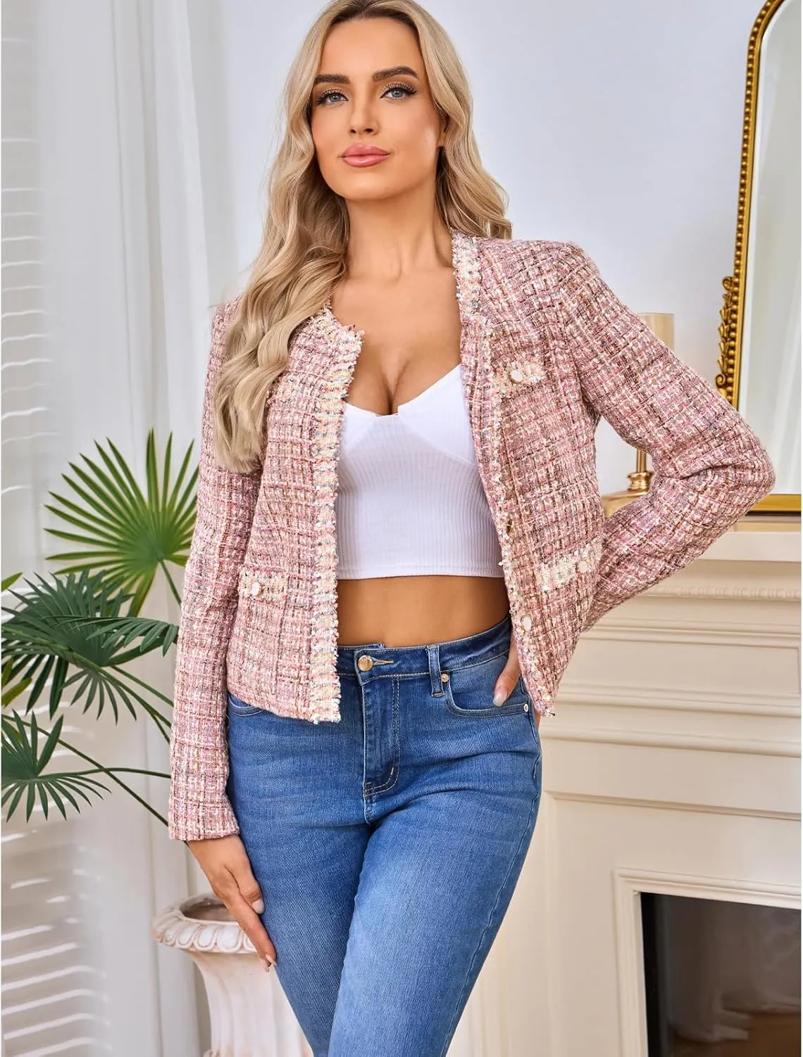 Xaspee Women's Tweed Blazers Cropped Long Sleeve Crewneck Open Front Lace Trim Lightweight Plaid Work Blazer Jackets