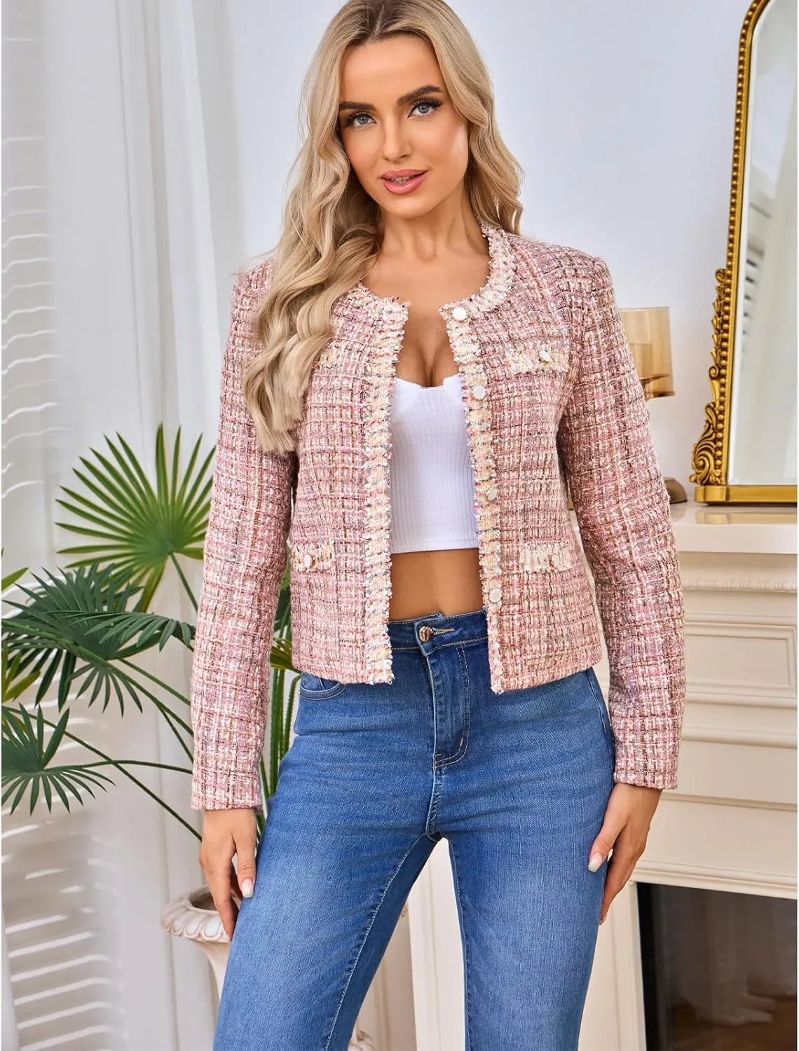 Xaspee Women's Tweed Blazers Cropped Long Sleeve Crewneck Open Front Lace Trim Lightweight Plaid Work Blazer Jackets