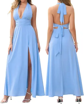 XinFSh Women's Summer Halter Deep V Neck Flowy Long Dress Sexy Backless High Slit Maxi Dresses Beach Vacation Party Dress