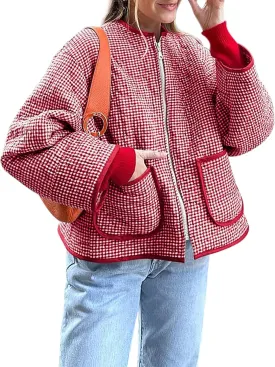 Yousify Womens Jackets Fall Fashion 2024 Crew Neck Quilted Plaid Jacket Full Zipper Coats S-2XL