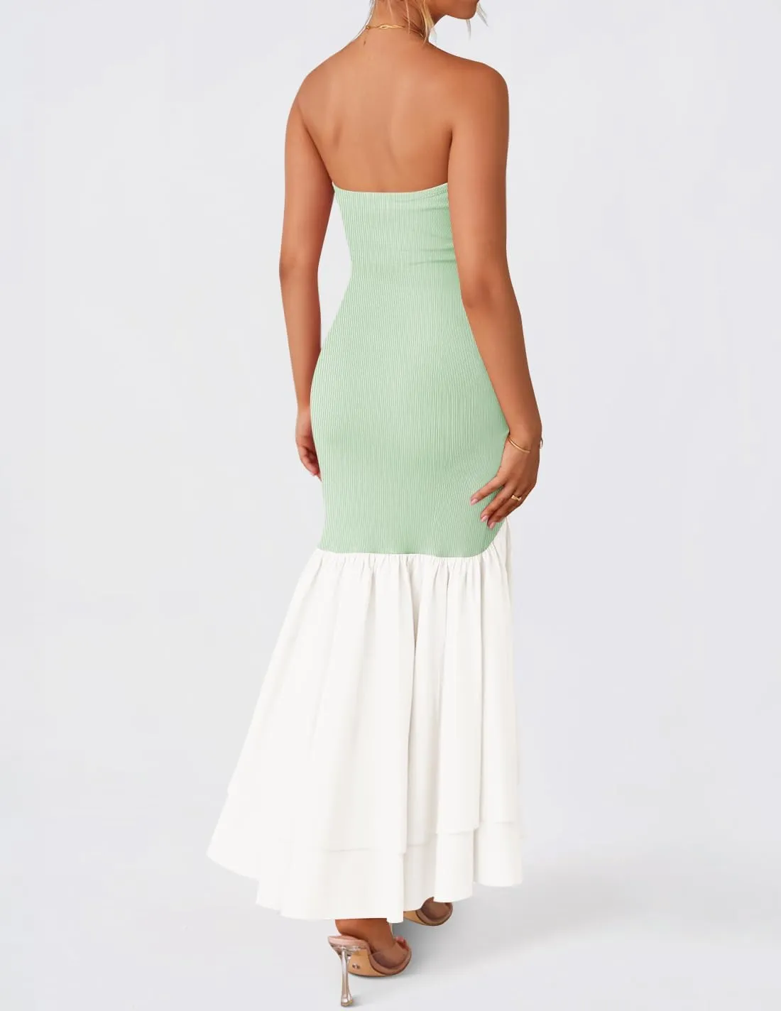 ZESICA Women's 2025 Summer Strapless Bodycon Maxi Dress Ribbed Sexy High Split Mermaid Prom Party Dresses