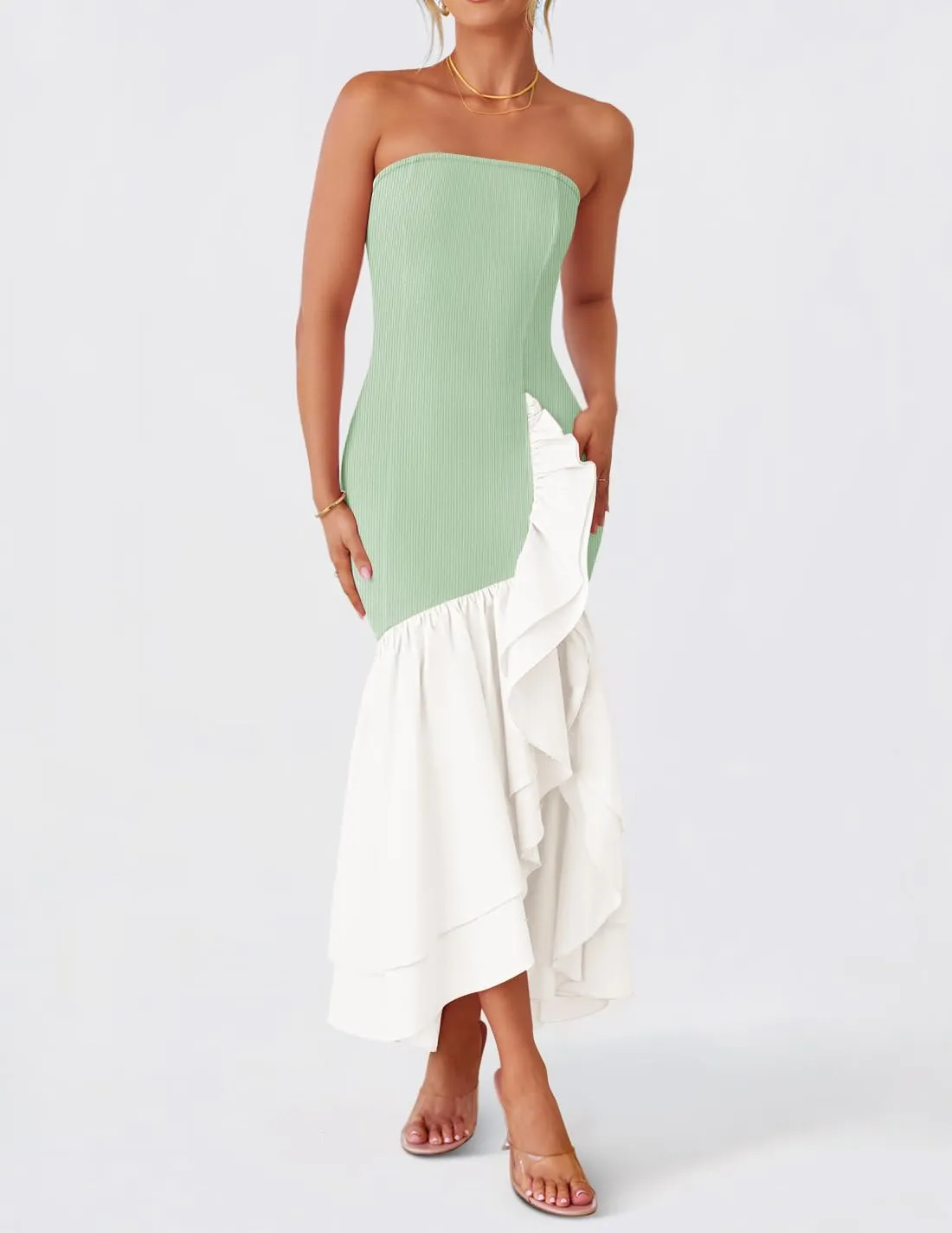 ZESICA Women's 2025 Summer Strapless Bodycon Maxi Dress Ribbed Sexy High Split Mermaid Prom Party Dresses
