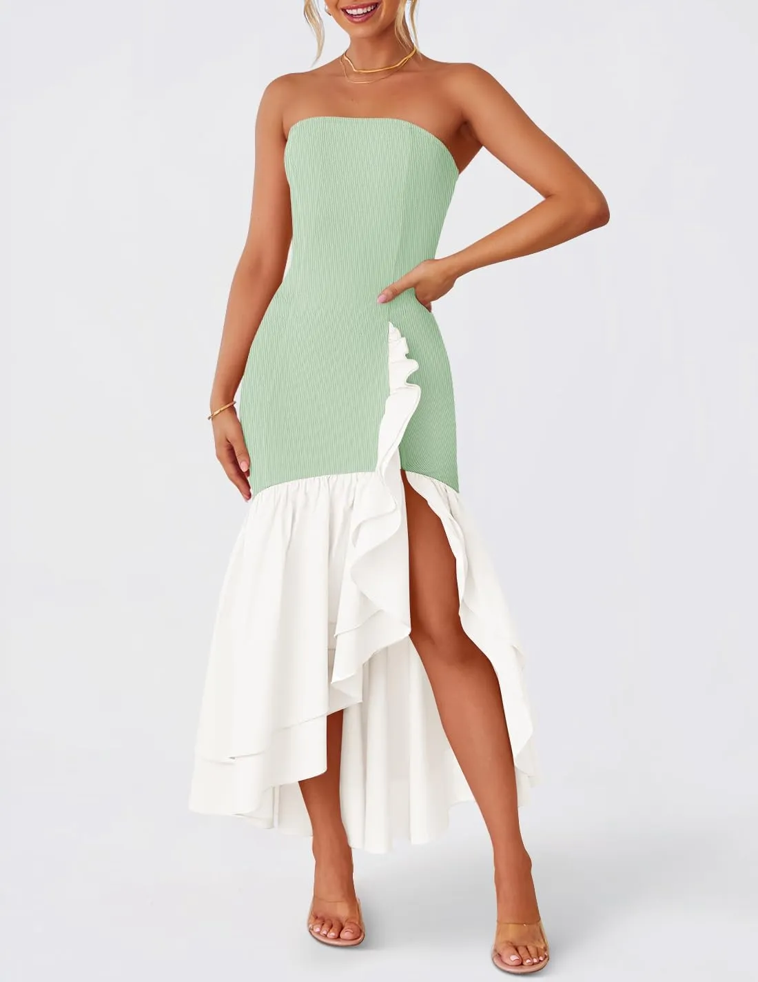 ZESICA Women's 2025 Summer Strapless Bodycon Maxi Dress Ribbed Sexy High Split Mermaid Prom Party Dresses