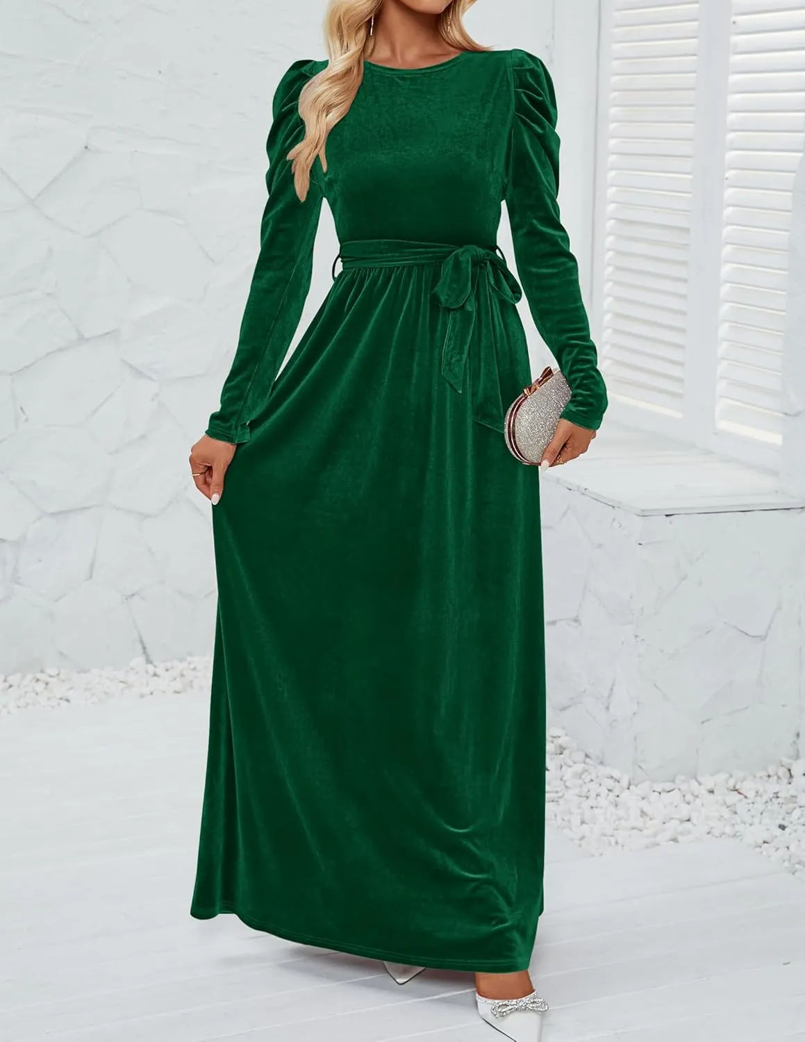 ZESICA Women's Velvet Maxi Dress Long Puff Sleeve Crew Neck Elastic High Waist Cocktail Party Bridesmaid Dresses