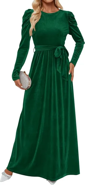 ZESICA Women's Velvet Maxi Dress Long Puff Sleeve Crew Neck Elastic High Waist Cocktail Party Bridesmaid Dresses