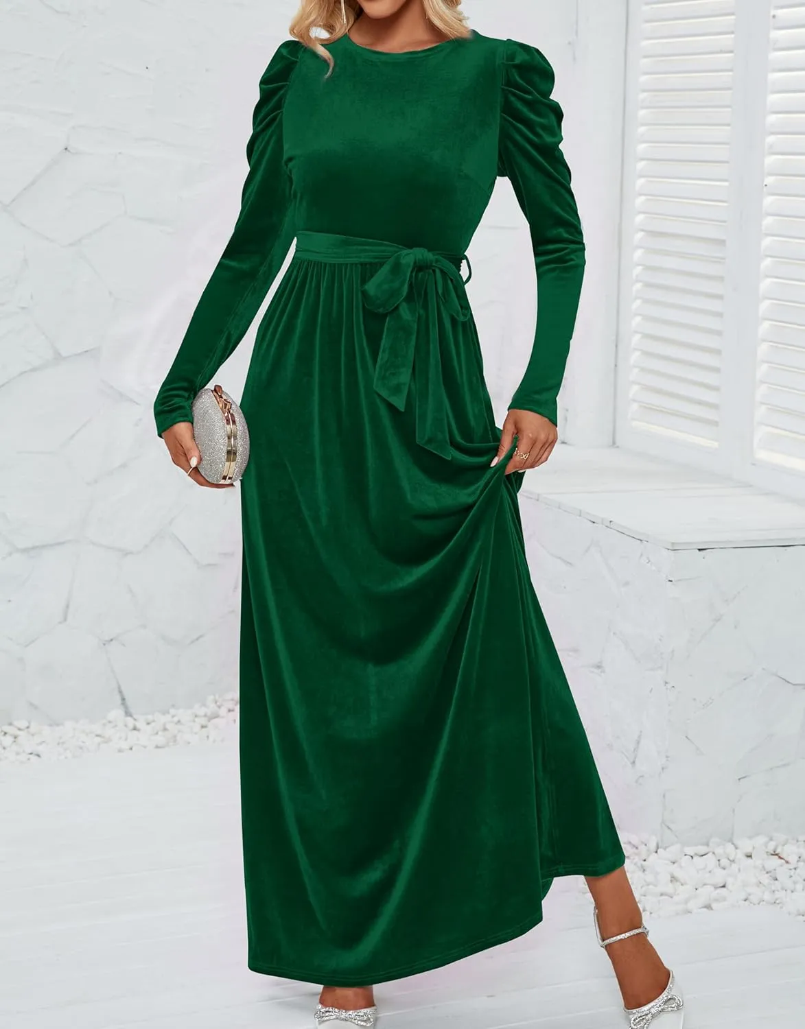 ZESICA Women's Velvet Maxi Dress Long Puff Sleeve Crew Neck Elastic High Waist Cocktail Party Bridesmaid Dresses