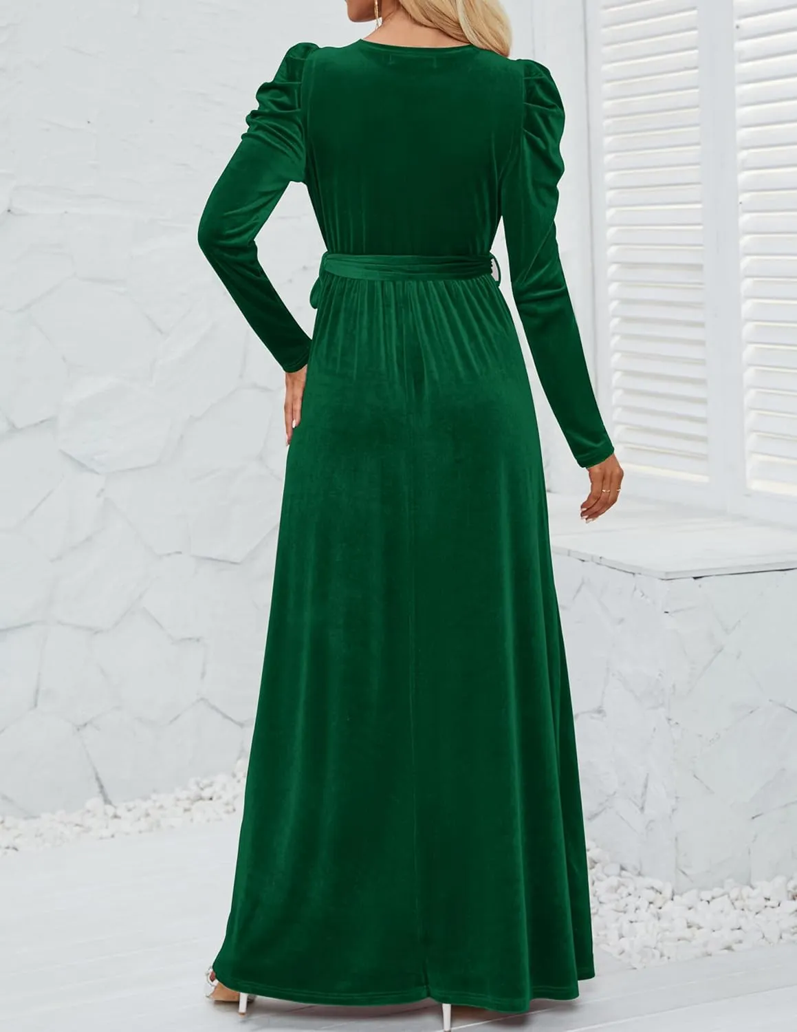 ZESICA Women's Velvet Maxi Dress Long Puff Sleeve Crew Neck Elastic High Waist Cocktail Party Bridesmaid Dresses