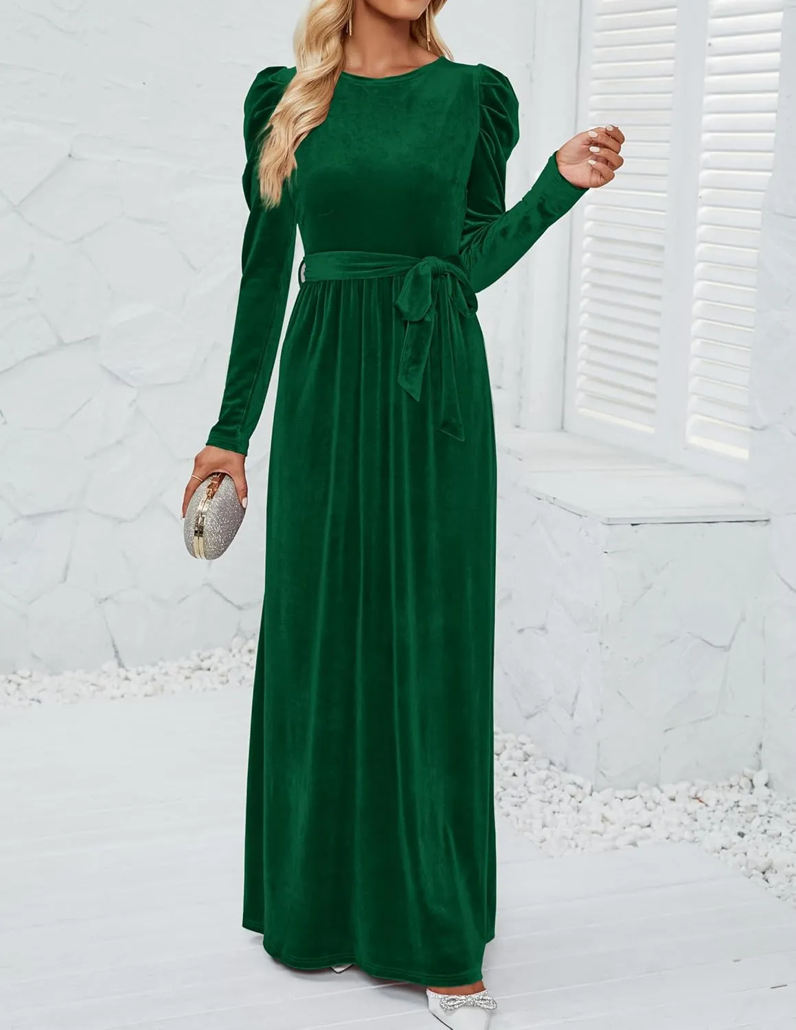 ZESICA Women's Velvet Maxi Dress Long Puff Sleeve Crew Neck Elastic High Waist Cocktail Party Bridesmaid Dresses